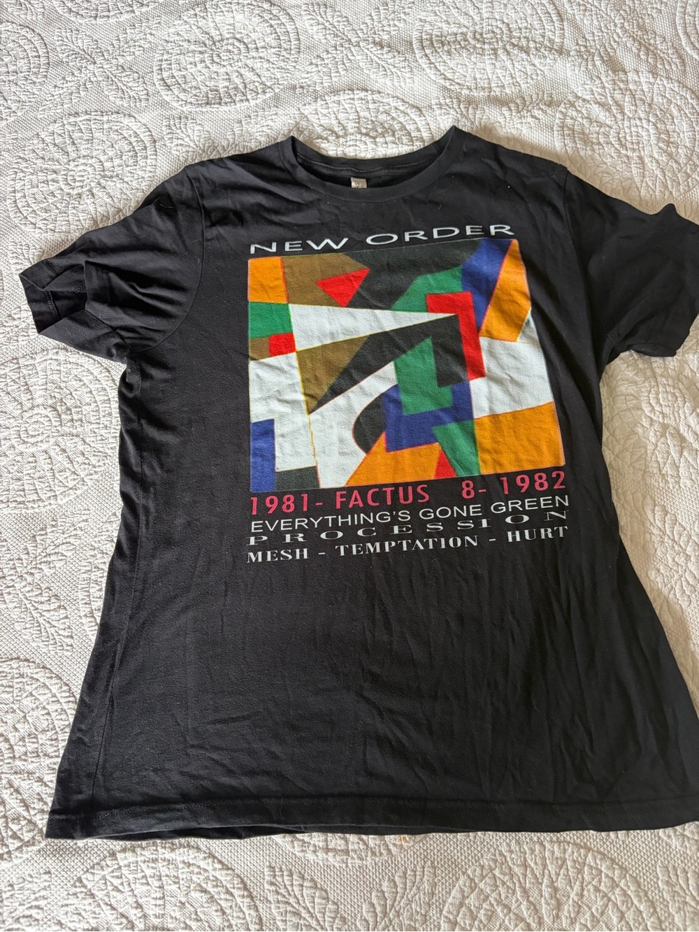 Black New Order Graphic Tee with Multicolor Print